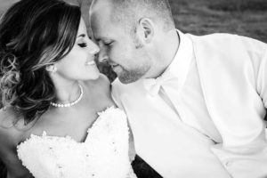 black and white portrait of bride and groom