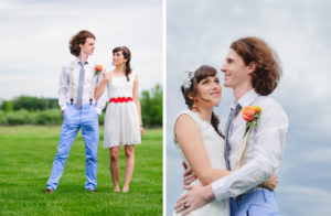 bride and groom in suspenders and light blue pants