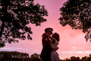 bride and groom in a Minneapolis sunset
