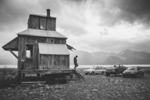 man leaving alaskan shack in Seward alaska