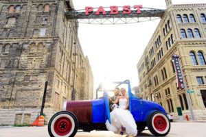 pabst best place blue and red car brewery wedding photographers