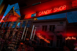 candy store reflection in bruges Belgium