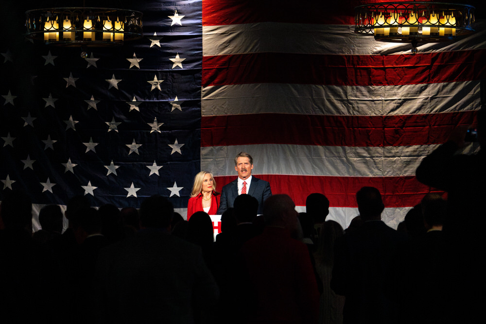 Republican U.S. Senate candidate Eric Hovde with his wife Sharon Hovde speaks to supporters during his election night watch party at The Edgewater Hotel in Madison.
